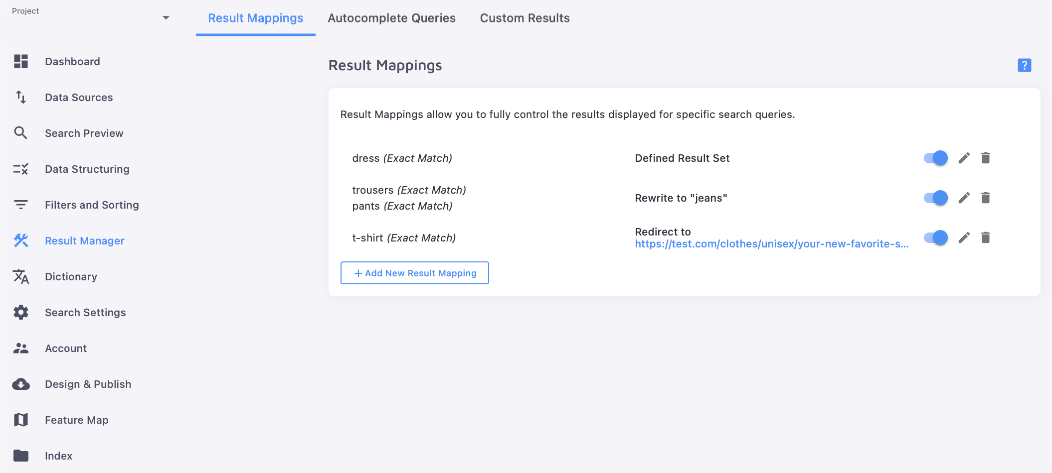 Result Mappings section of the project page