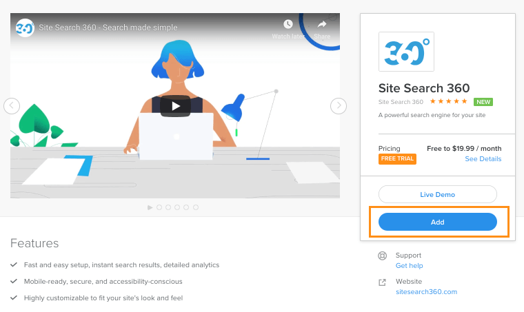 add Site Search 360 app to Weebly site
