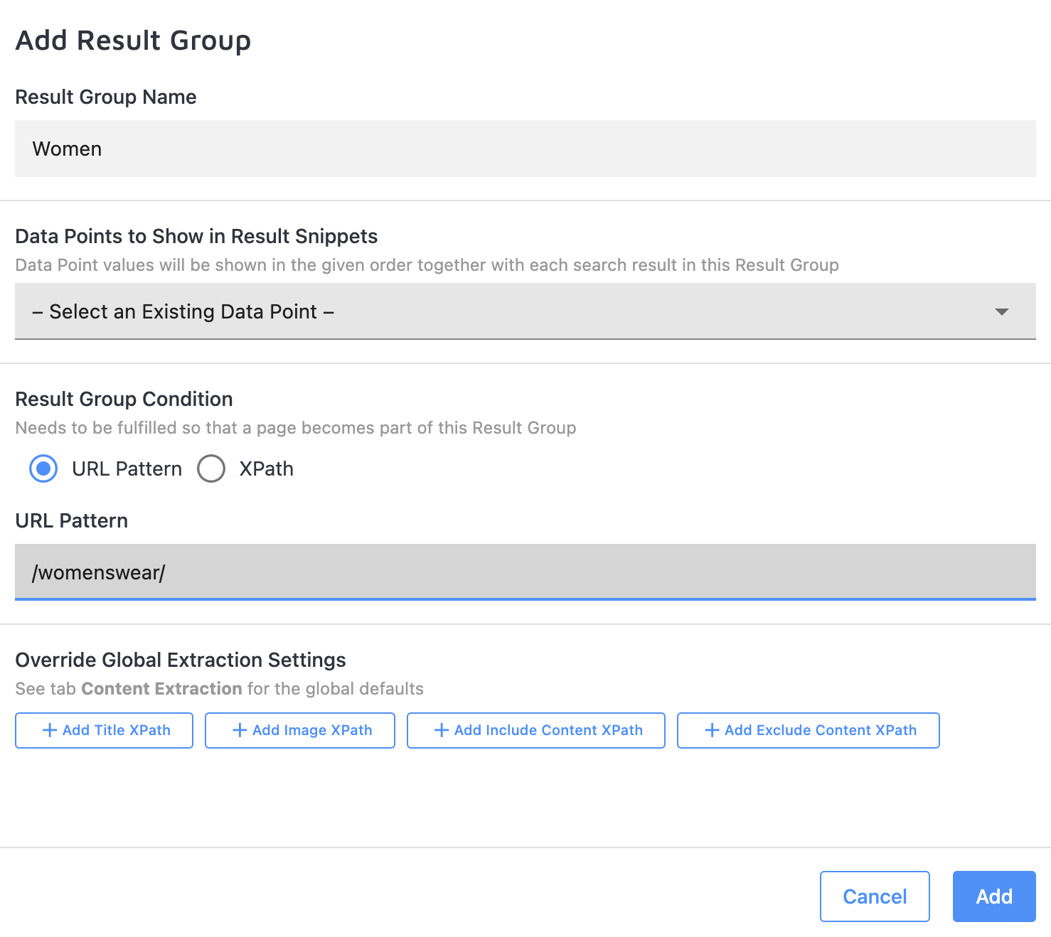 Result Group pop-up creation menu